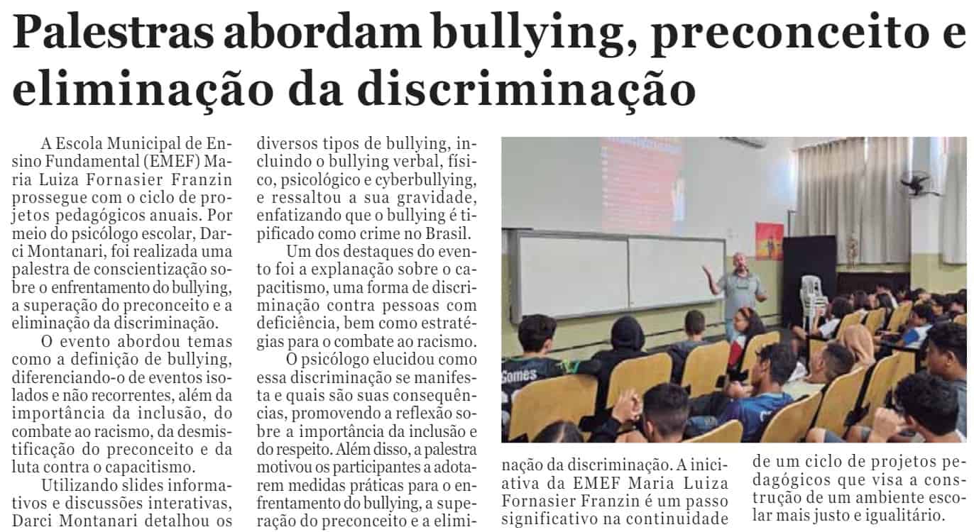 imagem de materia de jornal sobre a palestra do psicologo darci montanari sobre bullying capacitismo preconceito e inclusao