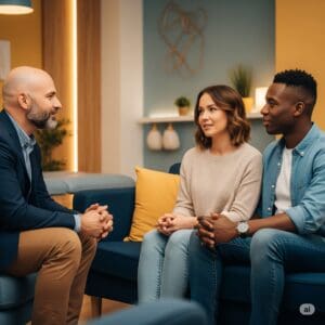 Terapia de Casal em São Pedro Psicólogo TCC para Relacionamentos um psicólogo por volta dos 50 anos, calvo, com barba e um casal em terapia. o clima parece ser agradável e o ambiente aconchegante