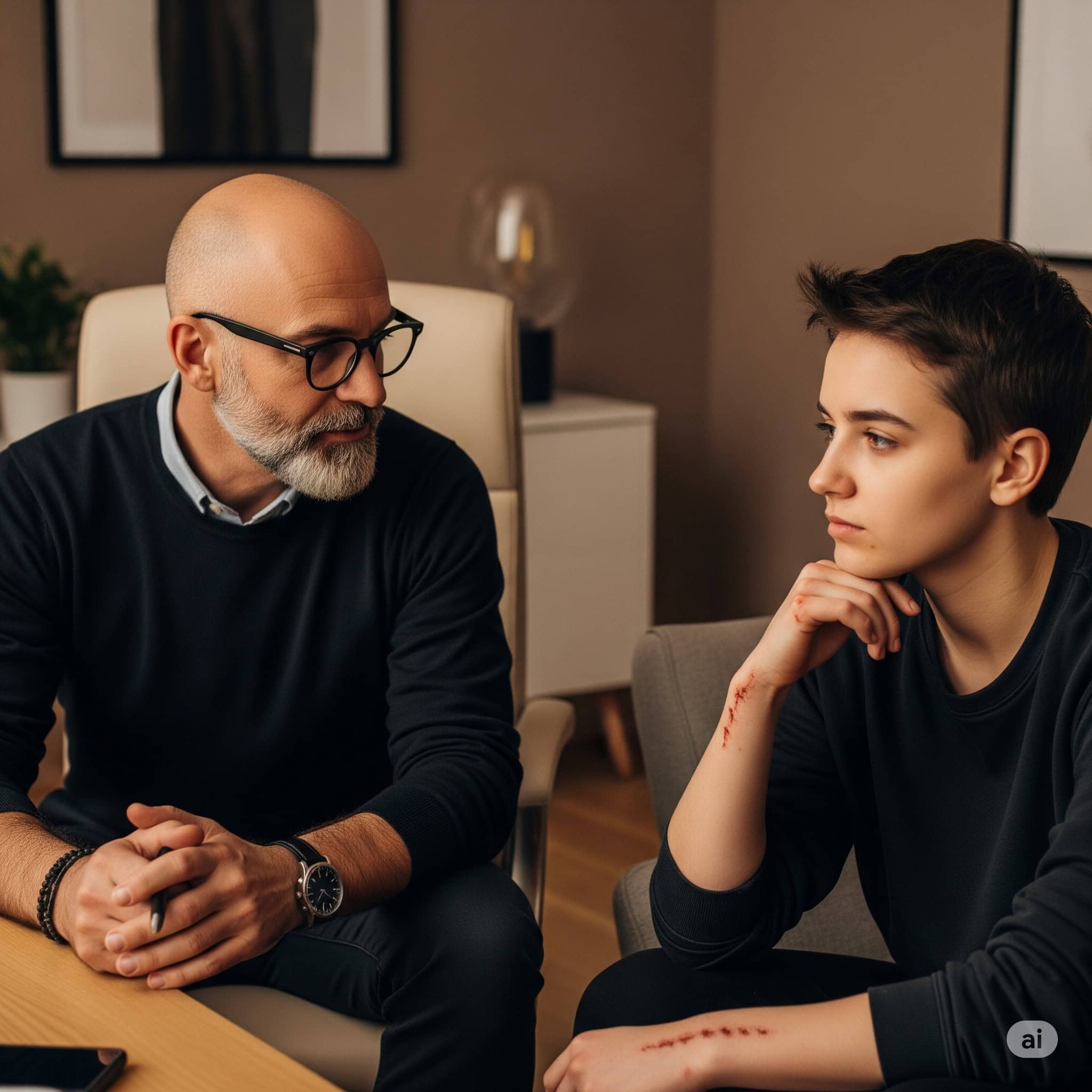 Um homem calvo de barba e óculos e um adolescente sentados á uma mesa de consultório