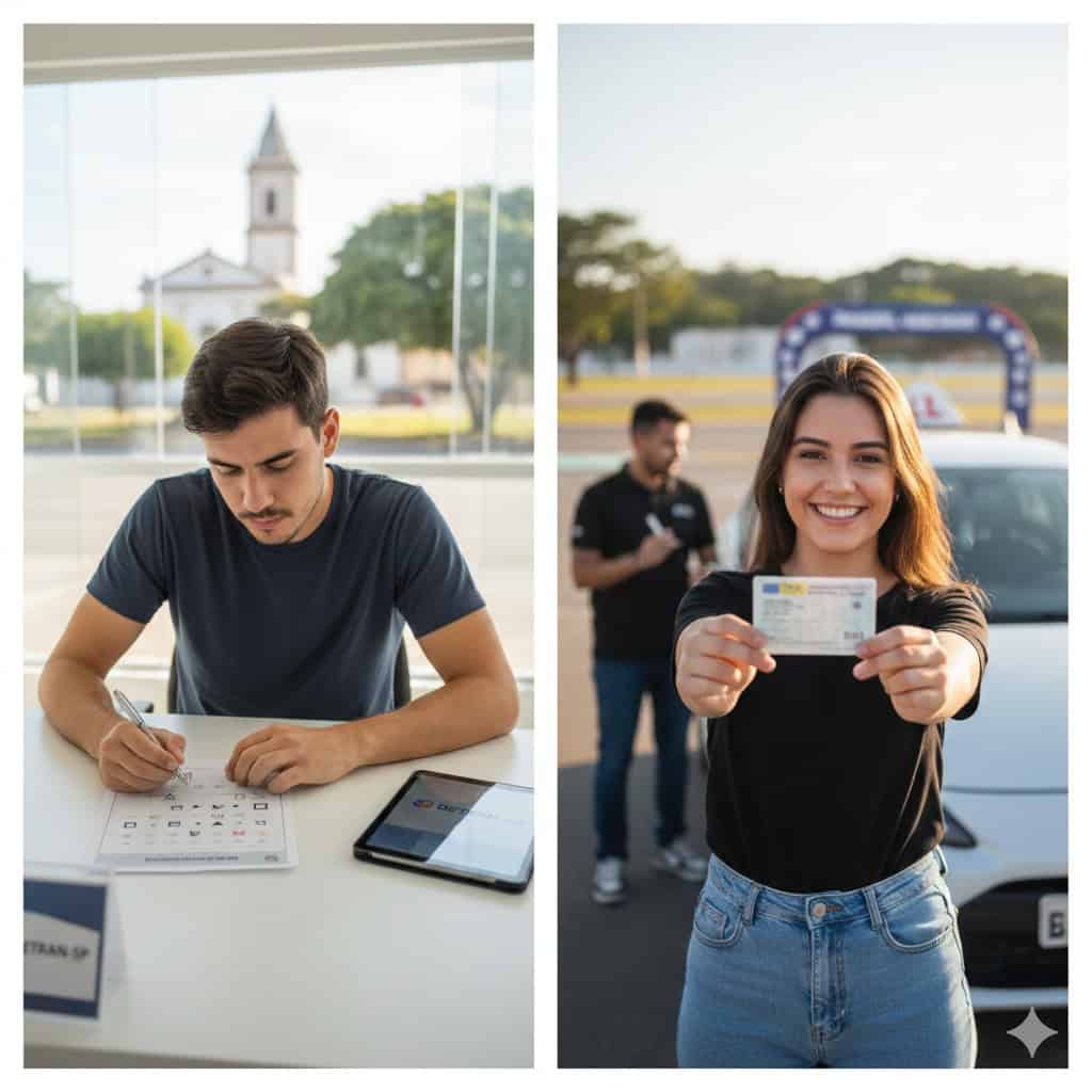 Imagem de um jovem pensativo e uma mulher feliz com carteira de motorista.