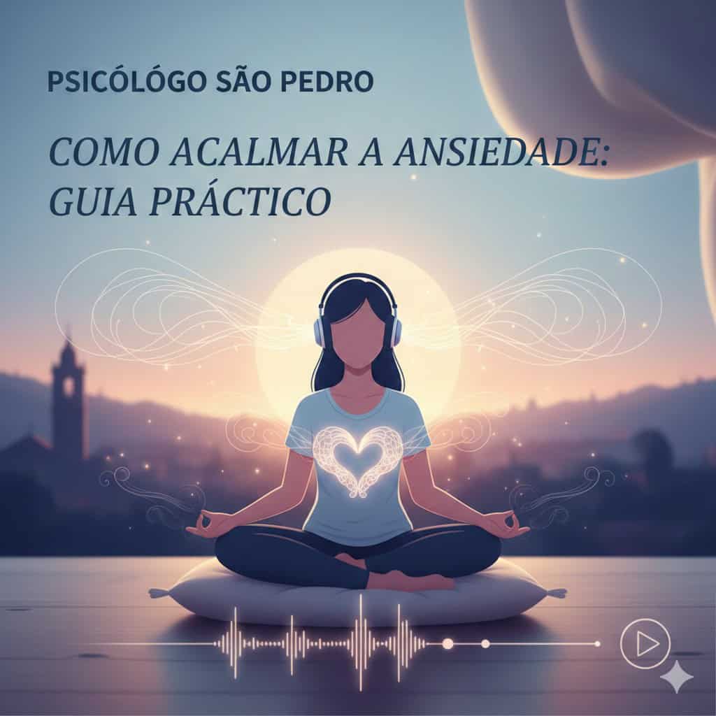 Infográfico de psicólogo em São Pedro ensinando técnica para acalmar ansiedade com fones de ouvido e meditação.