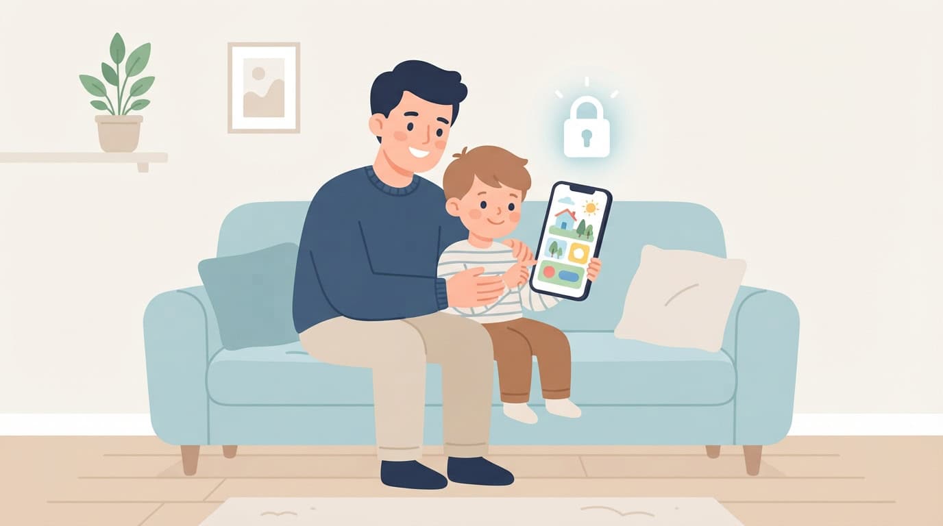 Pai e filho usando o celular juntos com apoio de controle parental como o Family Link, ilustração sobre segurança digital infantil